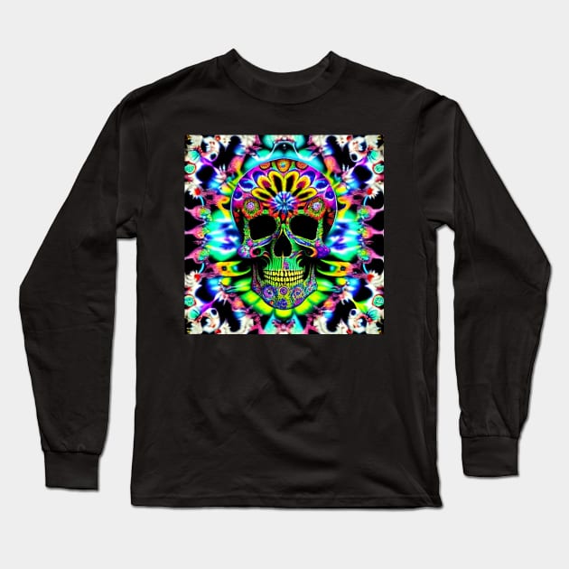 Skull Tie Dye Psychedelic Trippy Rainbow Festival Hippie Neon Long Sleeve T-Shirt by Anticulture